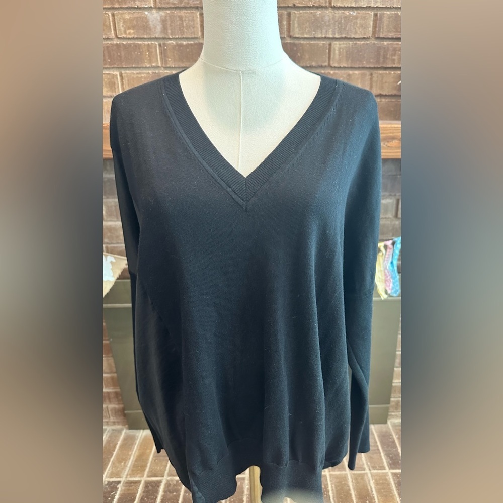 All Saints Black V-Neck Dolman Sleeve Satin Side Cotton Blend Sweater M